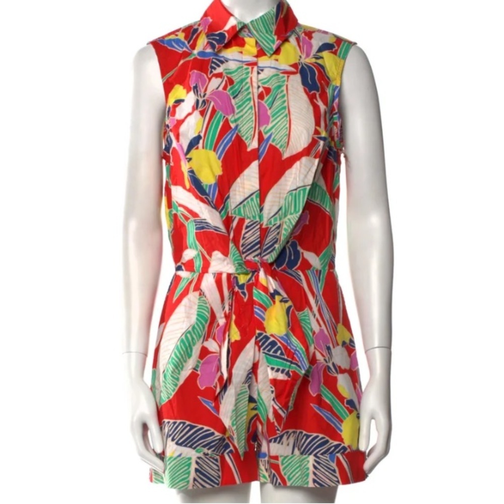 Cynthia Rowley Tropical Floral Tie Front Button Up Red Cotton Shorts Romper M